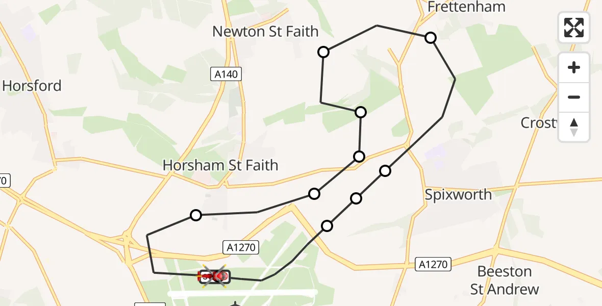 Flight route Air Ambulance Helicopter Norwich Airport - Norwich Airport, 12 July 2026, 12:58