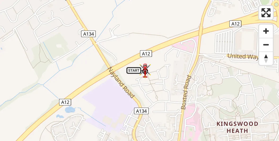 Flight route Air Ambulance Helicopter Horkesley Heath - Colchester, 12 July 2026, 13:00