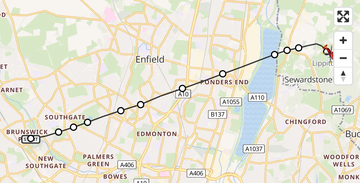 Flight route Air Ambulance Helicopter Brunswick Park - Metropolitan Police Air Support Unit Lippitts Hill, 12 July 2026, 13:00