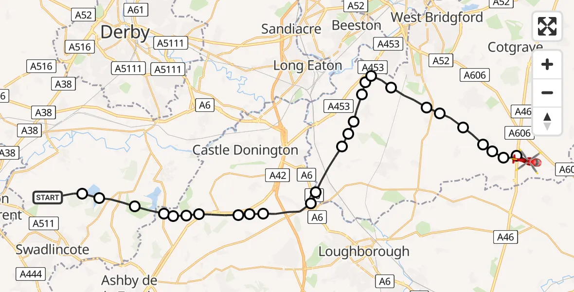 Flight route Air Ambulance Helicopter Bretby - Rushcliffe, 12 July 2026, 13:03