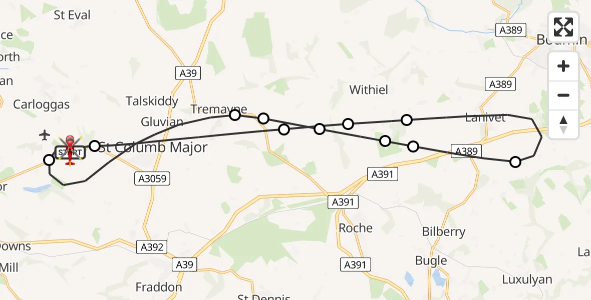 Flight route Air Ambulance Helicopter Cornwall Airport Newquay - Cornwall Airport Newquay, 12 July 2026, 13:08
