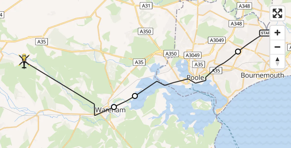 Flight route Police Helicopter Bournemouth - Affpuddle and Turnerspuddle, 12 July 2026, 13:09