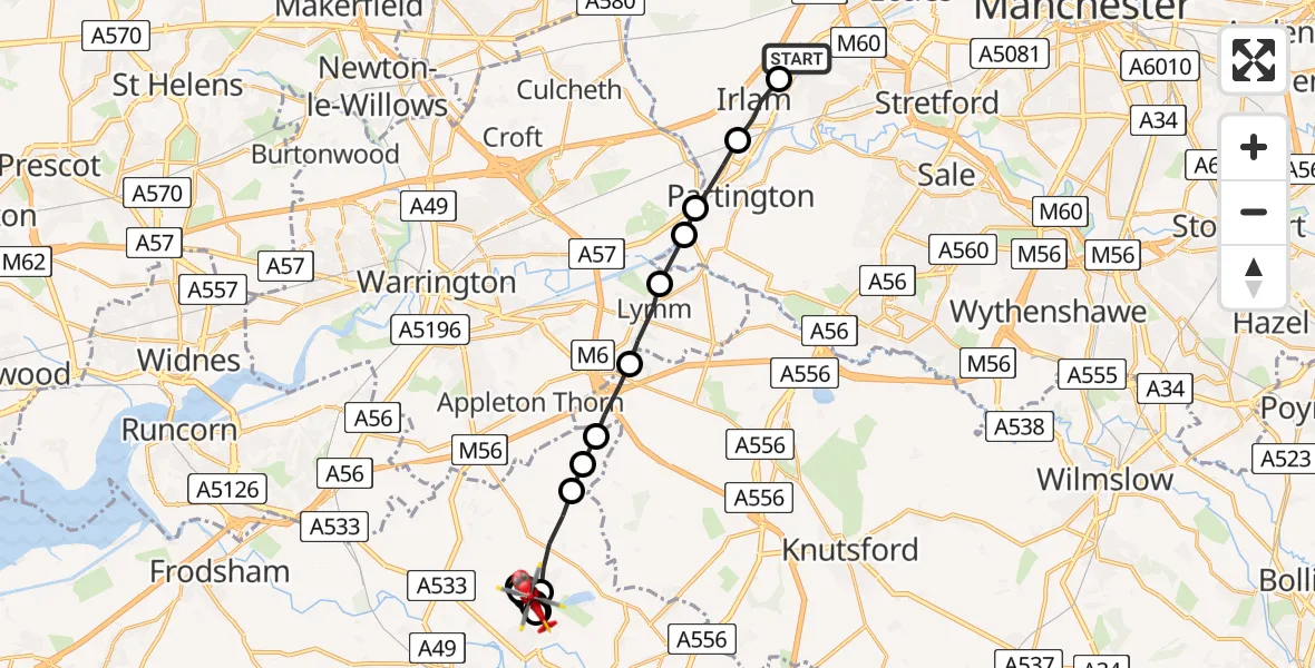 Flight route Air Ambulance Helicopter Eccles - Anderton, 12 July 2026, 13:13