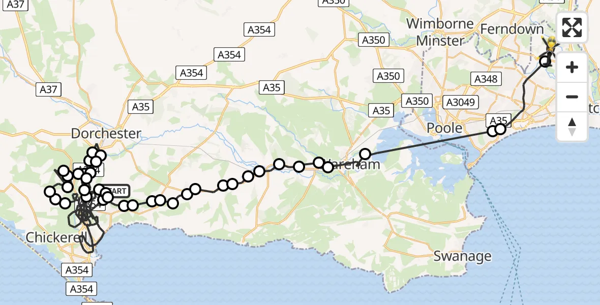 Flight route Police Helicopter Broadmayne - Bournemouth Airport, 12 July 2026, 13:19