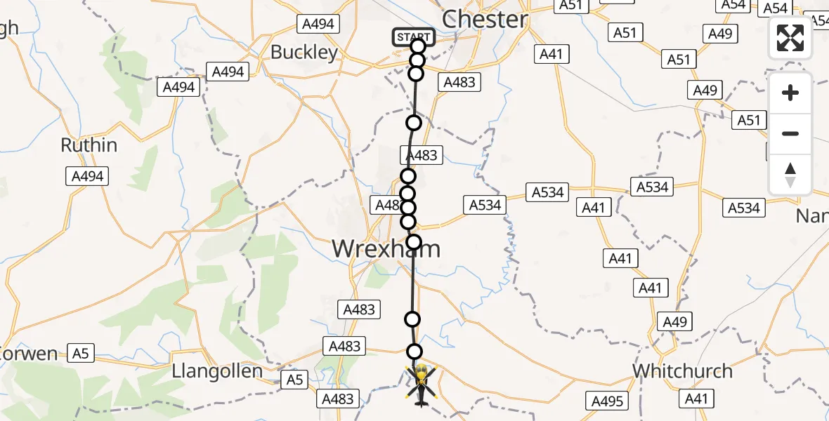 Flight route Police Helicopter Hawarden Airport - Erbistock, 12 July 2026, 13:21