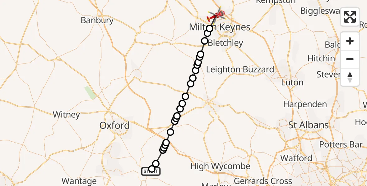 Flight route Air Ambulance Helicopter RAF Benson - Wolverton, 12 July 2026, 13:26