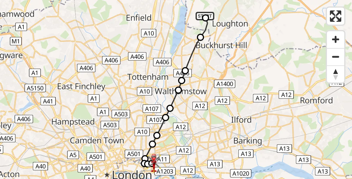 Flight route Air Ambulance Helicopter Metropolitan Police Air Support Unit Lippitts Hill - Royal London Hospital, 12 July 2026, 13:29