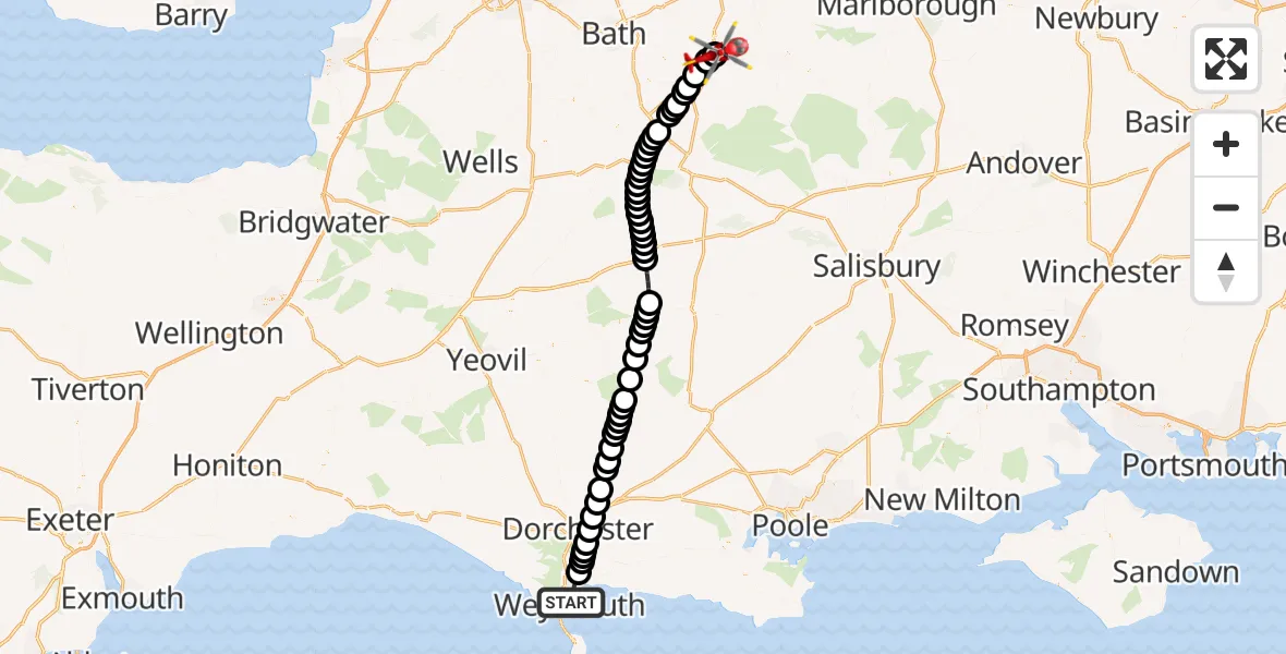 Flight route Air Ambulance Helicopter Weymouth - Melksham, 12 July 2026, 13:30