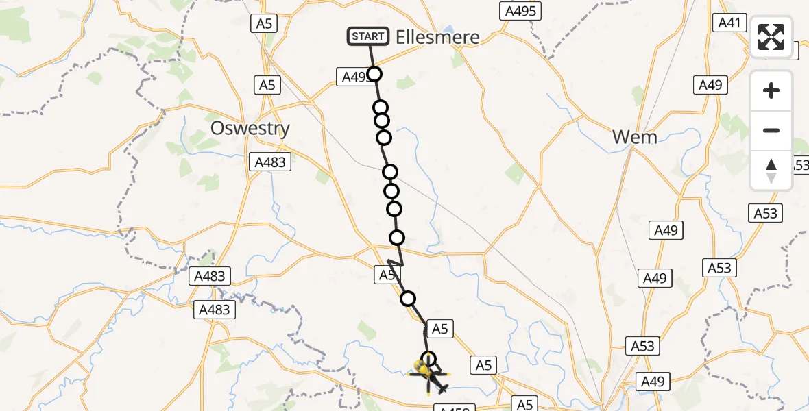 Flight route Police Helicopter Criftins - Shrawardine, 12 July 2026, 13:30