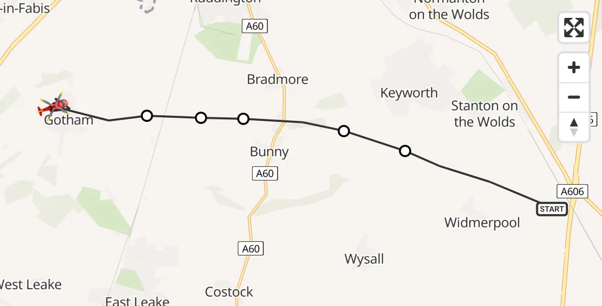 Flight route Air Ambulance Helicopter Widmerpool - Gotham, 12 July 2026, 13:32