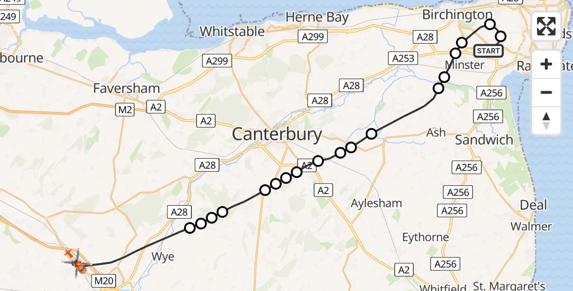 Flight route Coastguard Helicopter Manston Airport - Ashford, 12 July 2026, 13:36