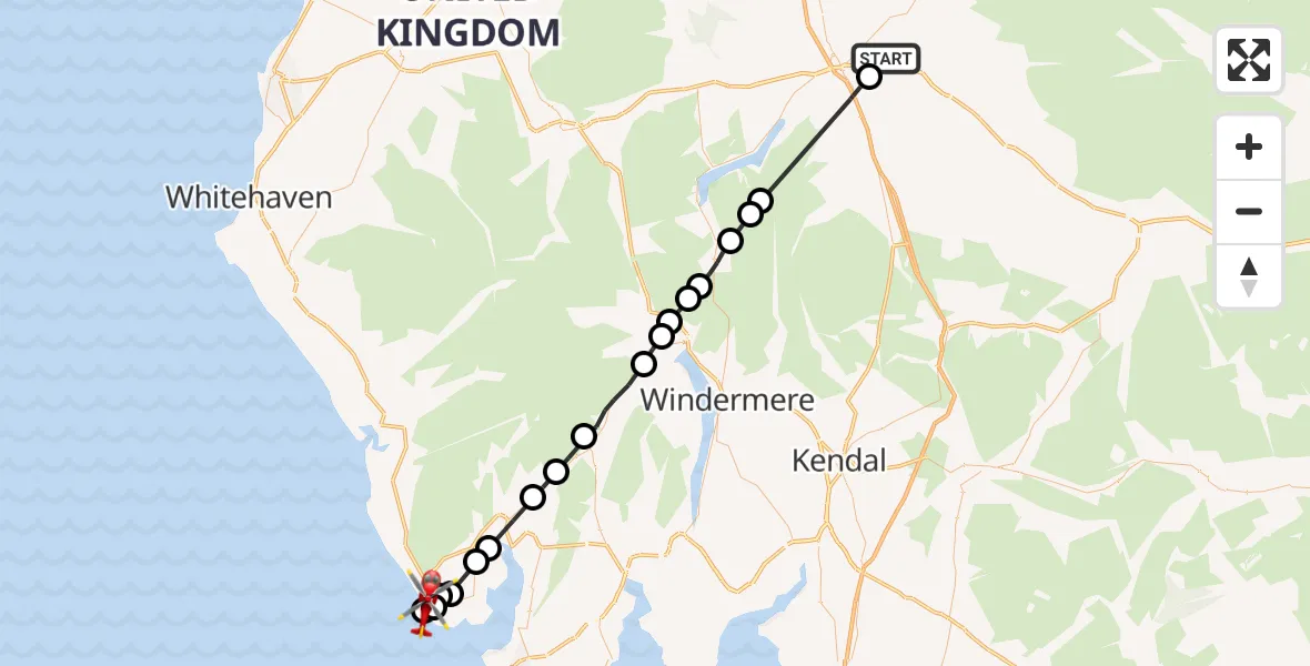 Flight route Air Ambulance Helicopter Brougham - Kirksanton, 12 July 2026, 13:37