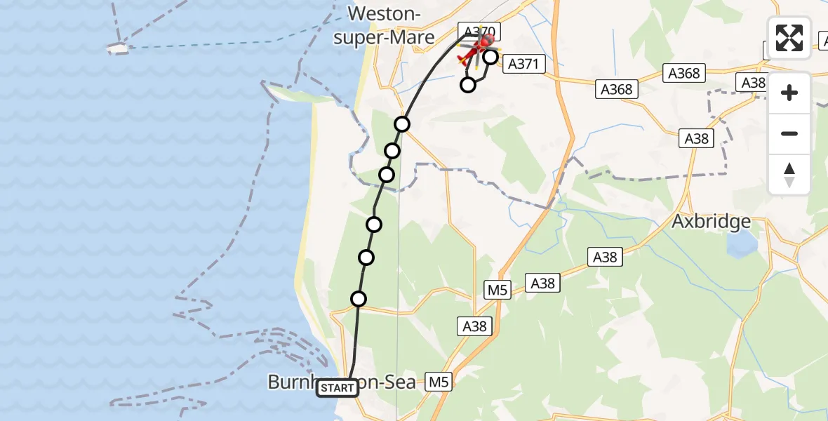 Flight route Air Ambulance Helicopter Burnham-on-Sea - Weston-super-Mare, 12 July 2026, 13:37