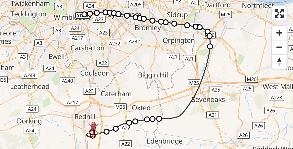 Flight route Air Ambulance Helicopter St Georges Hospital - Redhill Aerodrome, 12 July 2026, 13:41