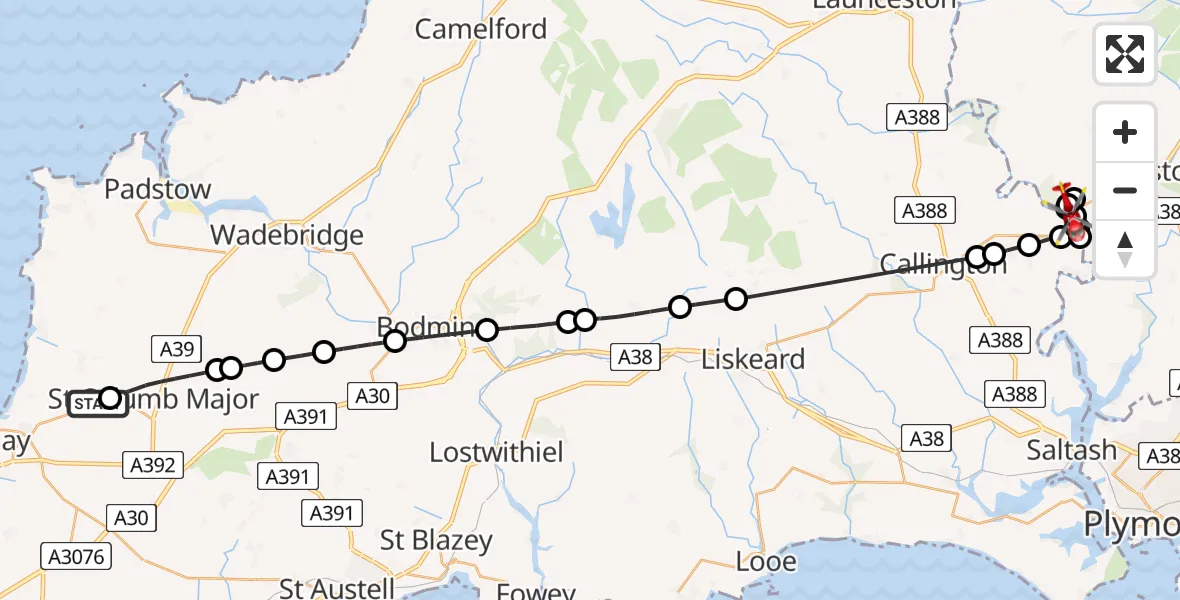 Flight route Air Ambulance Helicopter Cornwall Airport Newquay - West Devon, 12 July 2026, 13:50