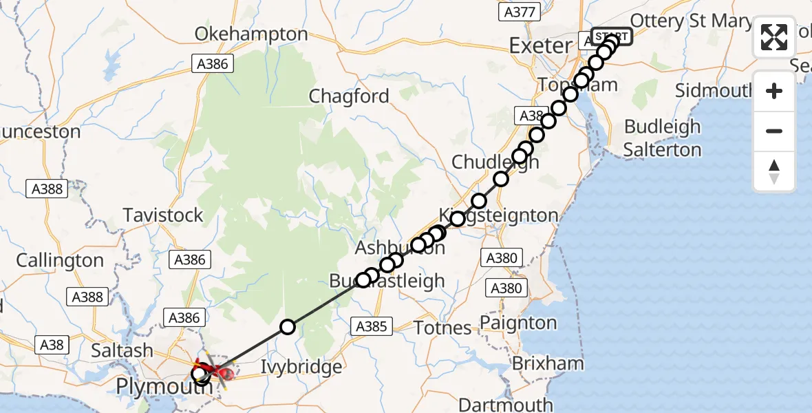 Flight route Air Ambulance Helicopter Exeter International Airport - Plympton, 12 July 2026, 13:49