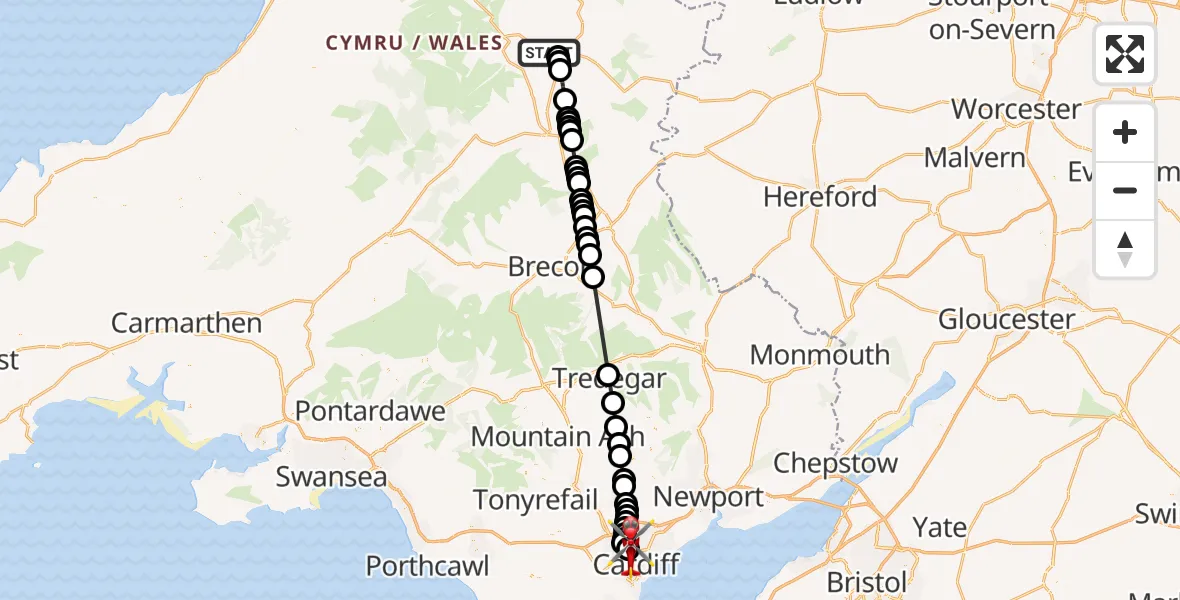 Flight route Air Ambulance Helicopter Nantmel - Gabalfa, 12 July 2026, 13:52
