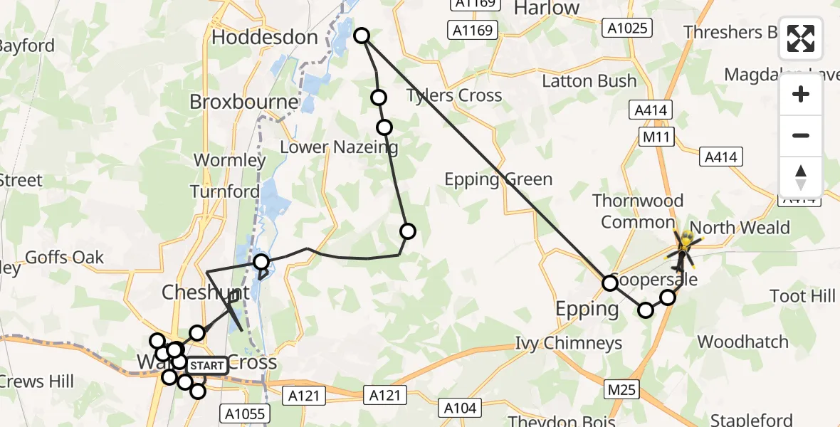 Flight route Police Helicopter Waltham Cross - Coopersale, 12 July 2026, 13:52