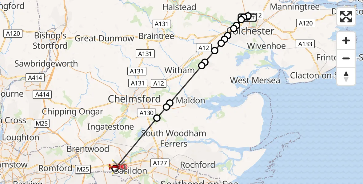 Flight route Air Ambulance Helicopter Horkesley Heath - Basildon, 12 July 2026, 13:54