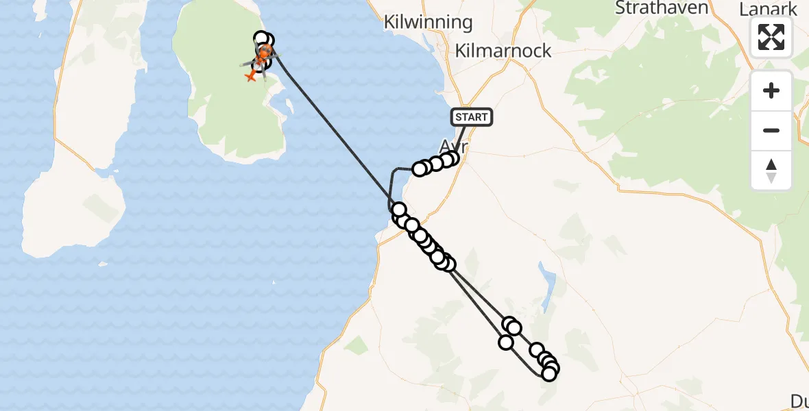Flight route Coastguard Helicopter Glasgow Prestwick Airport - Brodick, 12 July 2026, 13:59