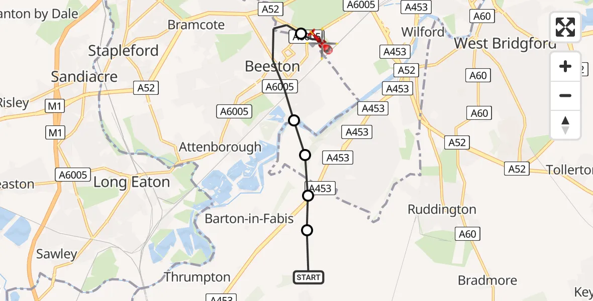 Flight route Air Ambulance Helicopter Gotham - City of Nottingham, 12 July 2026, 14:00