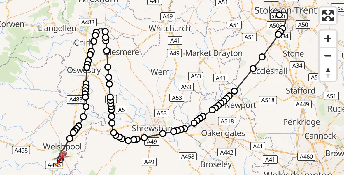 Flight route Air Ambulance Helicopter University Hospital North Staffs - Welshpool Airport, 12 July 2026, 14:11