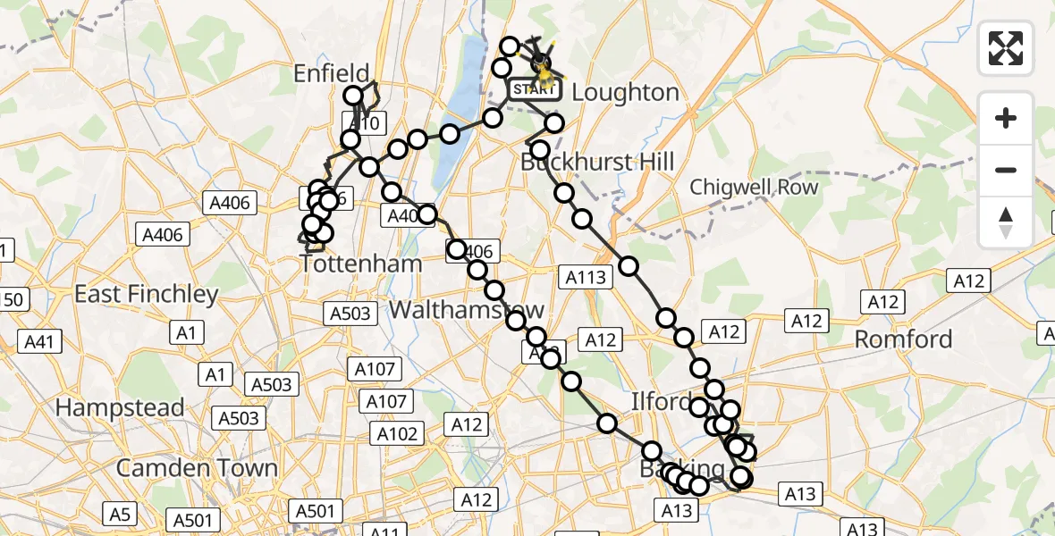 Flight route Police Helicopter Sewardstonebury - Sewardstonebury, 12 July 2026, 14:15