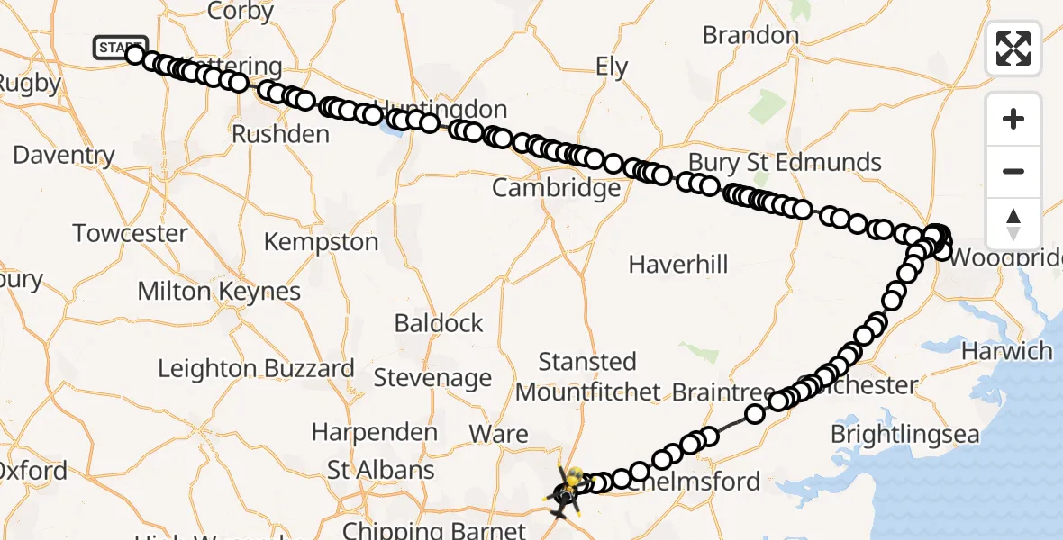Flight route Police Helicopter Sibbertoft - North Weald Airfield, 12 July 2026, 14:14