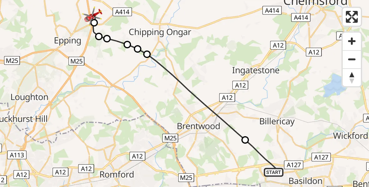 Flight route Air Ambulance Helicopter Basildon - North Weald Airfield, 12 July 2026, 14:15