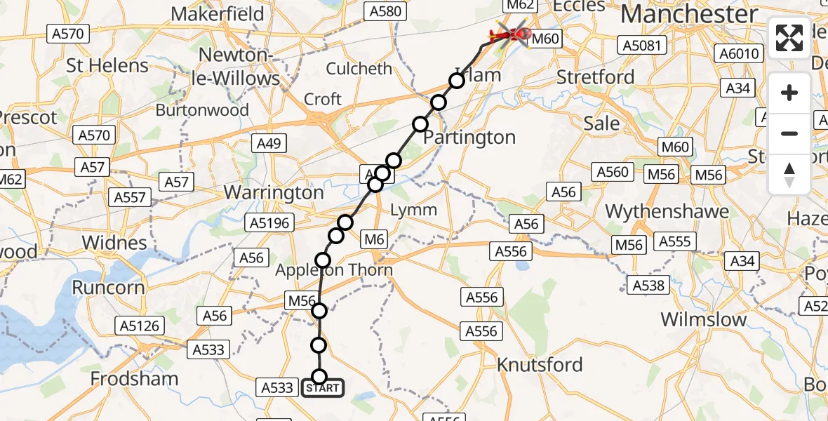 Flight route Air Ambulance Helicopter Comberbach - Irlam, 12 July 2026, 14:19
