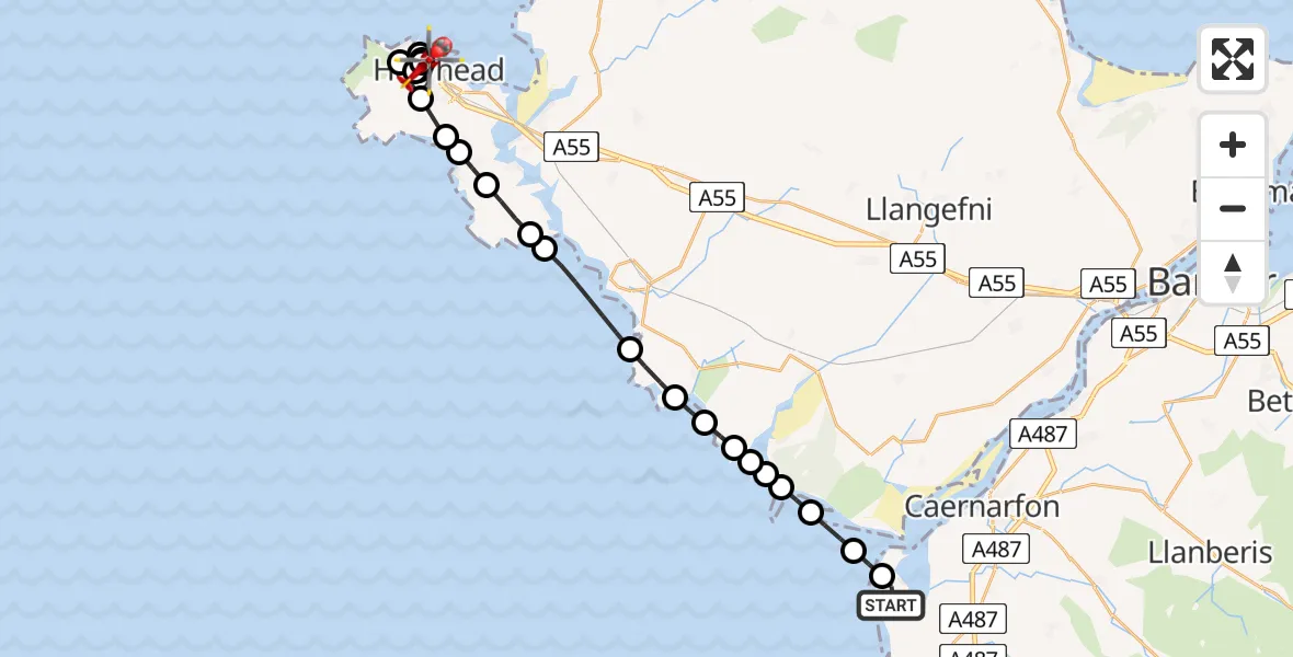 Flight route Air Ambulance Helicopter Caernarfon Airport - Holyhead, 12 July 2026, 14:23