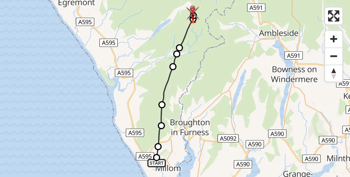 Flight route Air Ambulance Helicopter Whicham - Borrowdale, 12 July 2026, 14:27