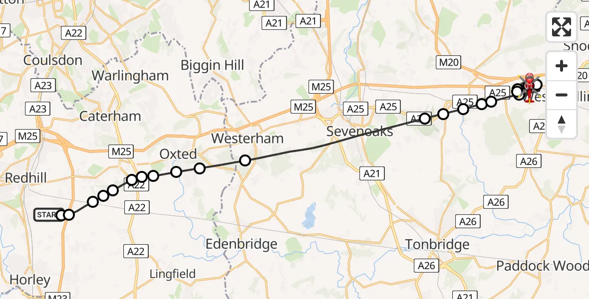 Flight route Air Ambulance Helicopter Redhill Aerodrome - Offham, 12 July 2026, 14:34