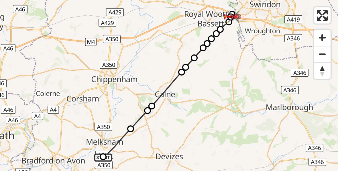 Flight route Air Ambulance Helicopter Wiltshire Air Ambulance - Lydiard Tregoze, 12 July 2026, 14:36