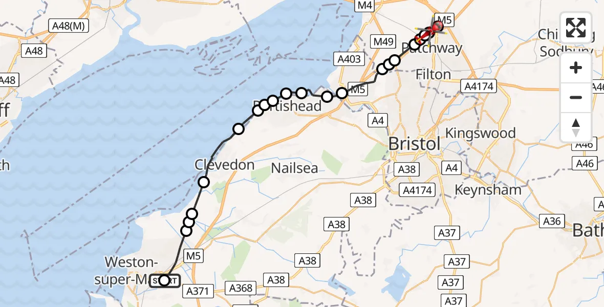 Flight route Air Ambulance Helicopter Weston-Super-Mare Heliport - Almondsbury, 12 July 2026, 14:45