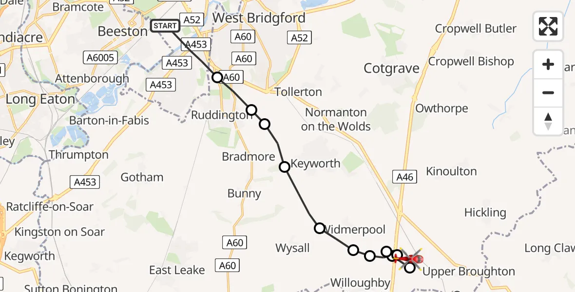 Flight route Air Ambulance Helicopter City of Nottingham - Widmerpool, 12 July 2026, 14:49