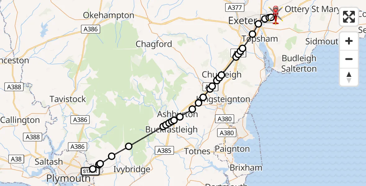 Flight route Air Ambulance Helicopter Plympton - Exeter International Airport, 12 July 2026, 14:54