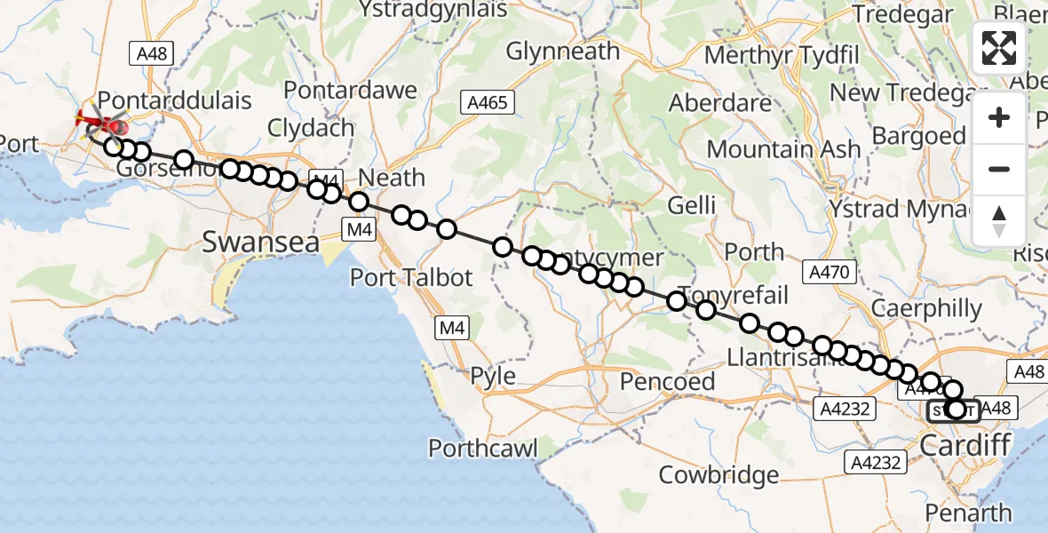 Flight route Air Ambulance Helicopter Birchgrove - Dafen, 12 July 2026, 15:00