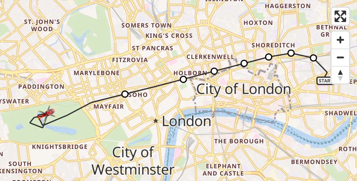 Flight route Air Ambulance Helicopter Royal London Hospital - City of Westminster, 12 July 2026, 15:04