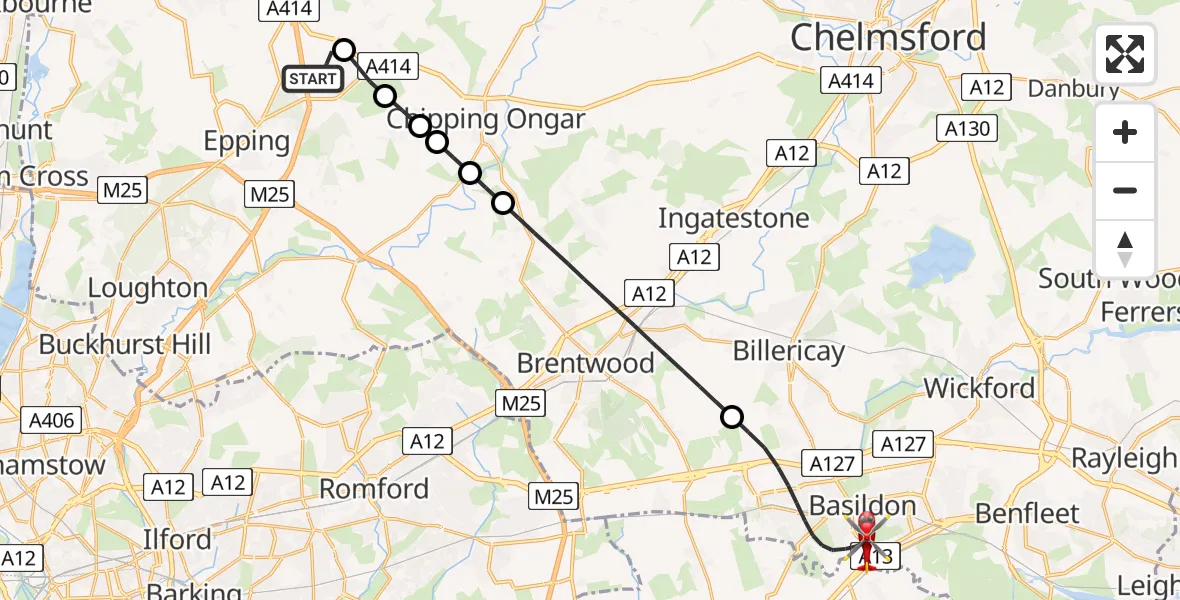 Flight route Air Ambulance Helicopter North Weald Airfield - Basildon, 12 July 2026, 15:07