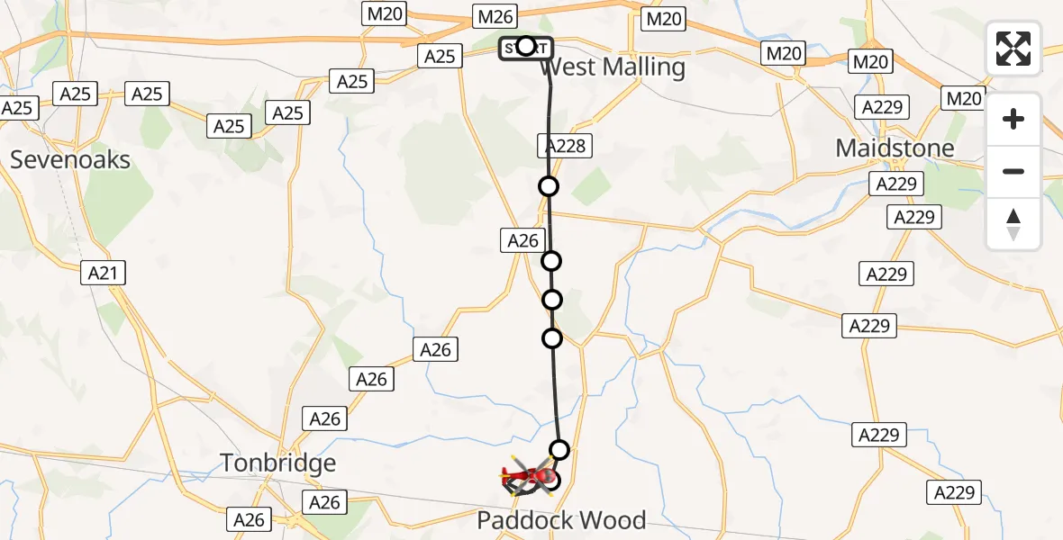 Flight route Air Ambulance Helicopter Addington - Capel, 12 July 2026, 15:12