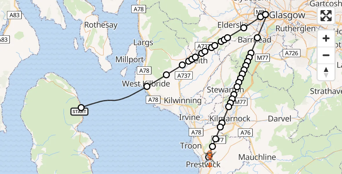 Flight route Coastguard Helicopter Corrie - Glasgow Prestwick Airport, 12 July 2026, 15:20
