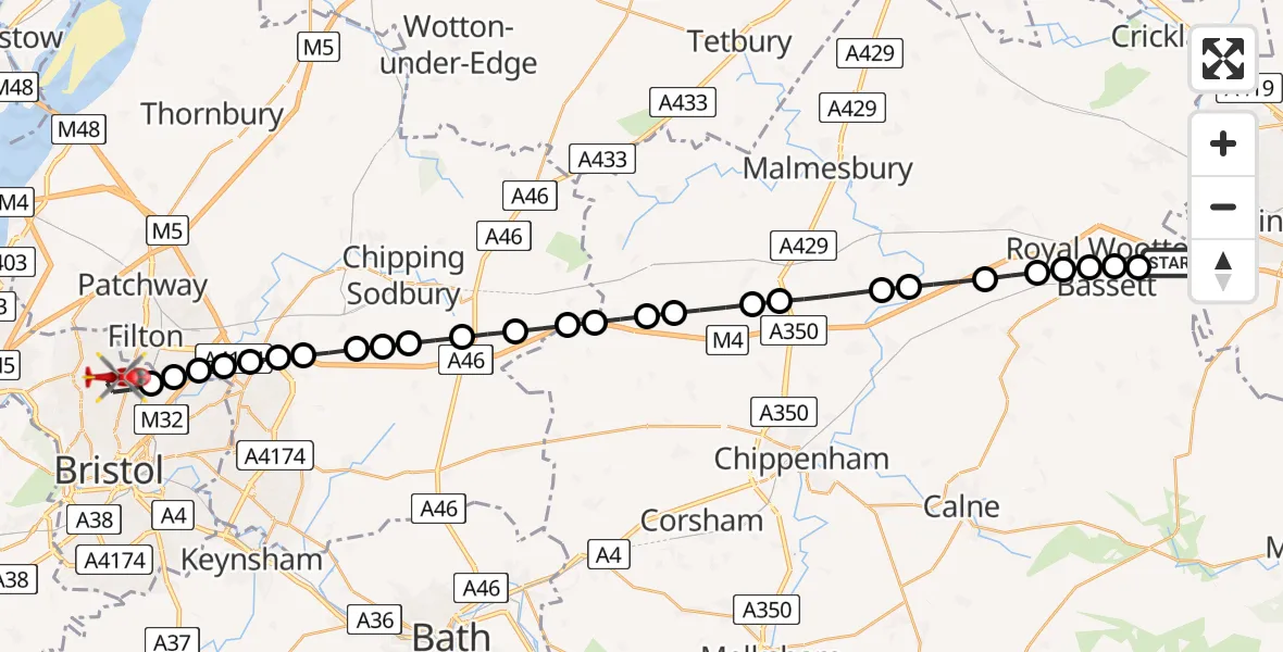 Flight route Air Ambulance Helicopter Lydiard Tregoze - Bristol, 12 July 2026, 15:33