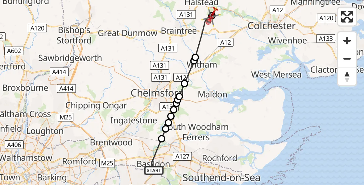 Flight route Air Ambulance Helicopter Basildon - Earls Colne Airfield, 12 July 2026, 15:37