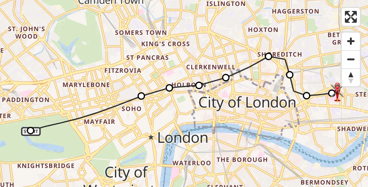 Flight route Air Ambulance Helicopter City of Westminster - Royal London Hospital, 12 July 2026, 15:40