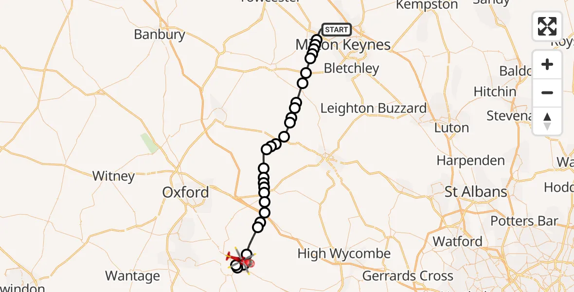 Flight route Air Ambulance Helicopter Wolverton - RAF Benson, 12 July 2026, 15:41