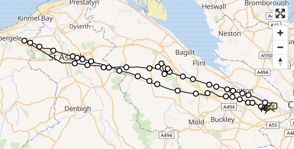 Flight route Police Helicopter Hawarden Airport - Hawarden Airport, 12 July 2026, 15:41
