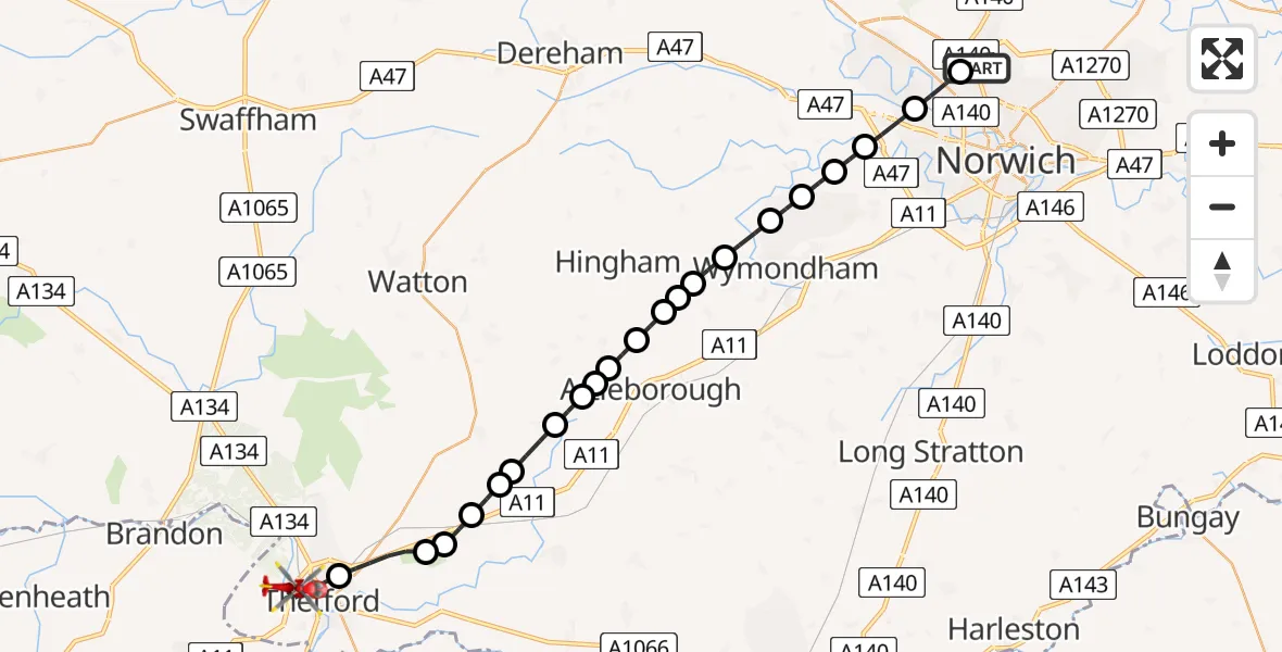 Flight route Air Ambulance Helicopter Norwich Airport - Thetford, 12 July 2026, 15:41