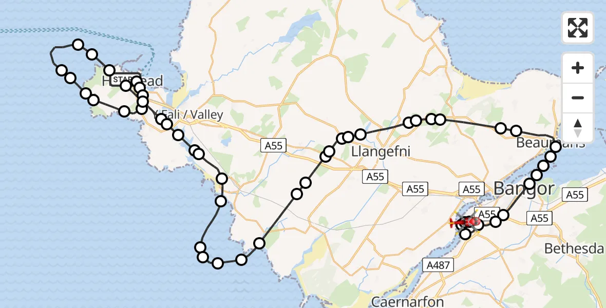 Flight route Air Ambulance Helicopter Holyhead - Llanfairpwllgwyngyll, 12 July 2026, 15:50