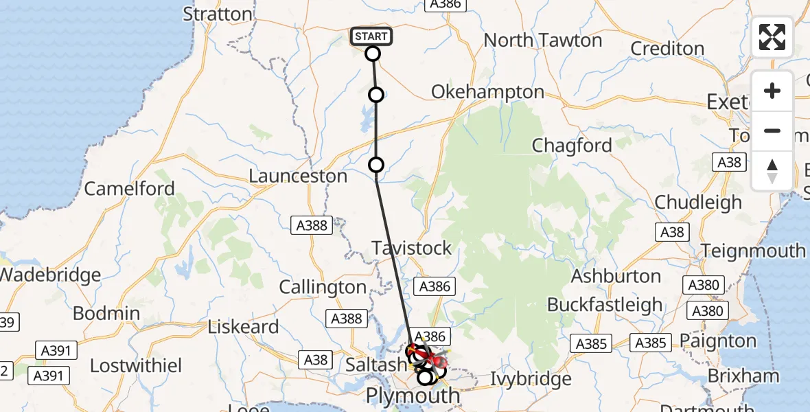 Flight route Air Ambulance Helicopter Torridge - Derriford Hospital, 12 July 2026, 15:51